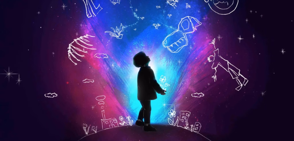 Cosmic-themed stage set with stars and galaxy lights