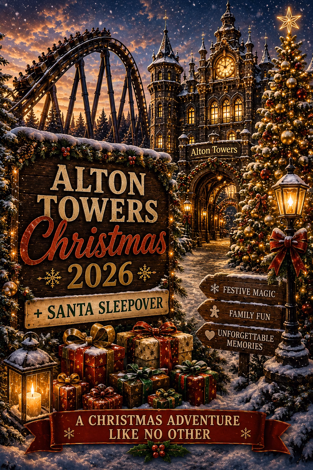Pinterest guide to Alton Towers Christmas 2026 and Santa Sleepover