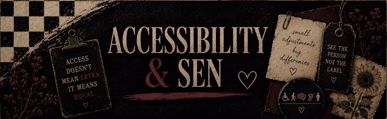 Accessibility and SEN theatre banner with access messages and inclusive symbols