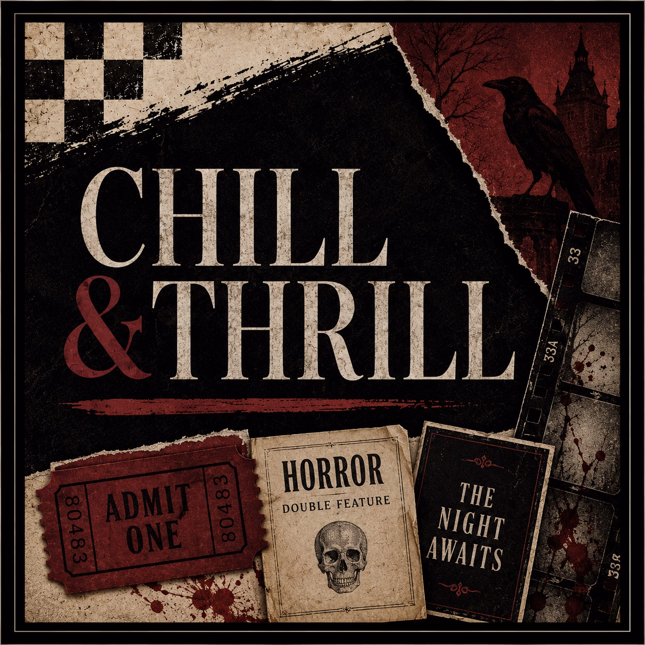 Scrapbook-style Chill and Thrill horror navigation artwork for Clarissa’s Corner