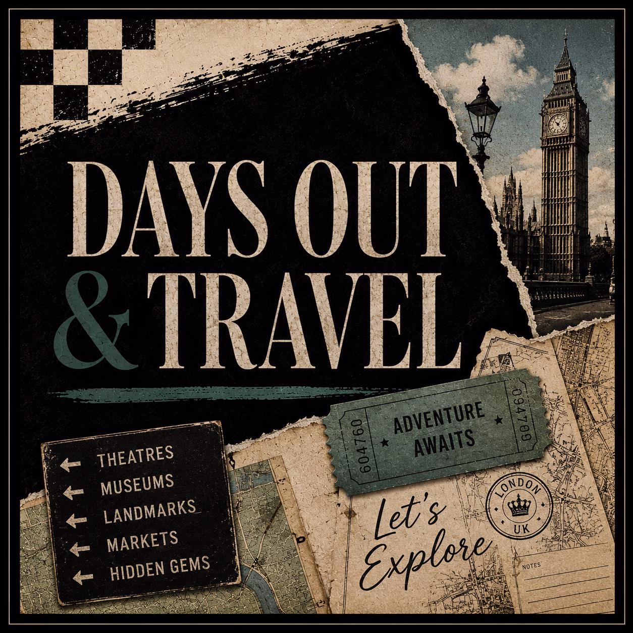 Scrapbook-style Days Out and Travel navigation artwork for Clarissa’s Corner