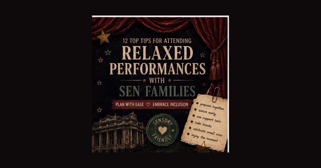 Clarissa's Corner guide artwork with practical tips for SEN families attending relaxed theatre performances.