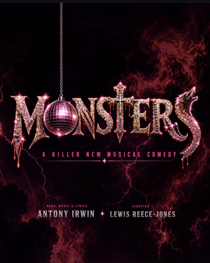 Monsters: A Killer New Musical Comedy artwork for The Other Palace, featuring the sparkling horror-inspired Monsters logo against a dark red background.