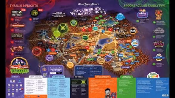 Alton Towers Scarefest 2026 map showing Halloween attractions
