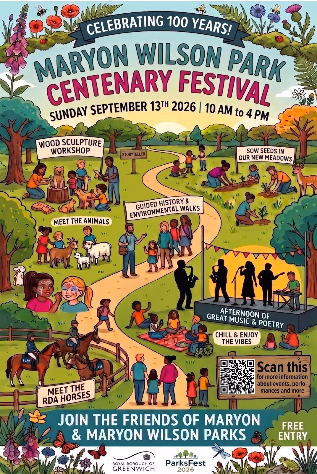 Maryon Wilson Park Centenary Festival poster for Sunday 13 September 2026, featuring free family activities, workshops, animals, walks, music and poetry