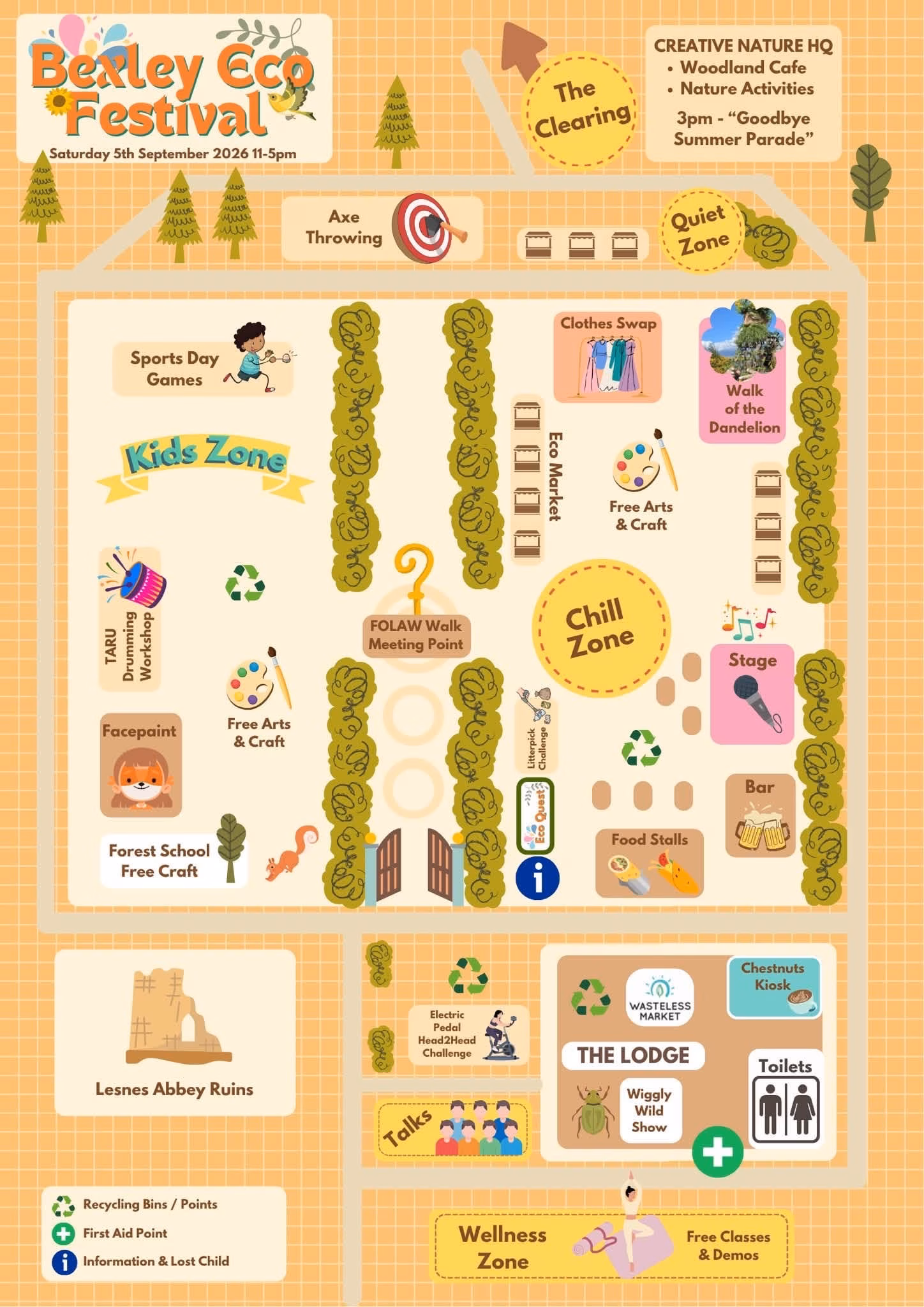 Bexley Eco Festival site map showing activity zones, stalls, quiet zone, first aid, toilets and event facilities