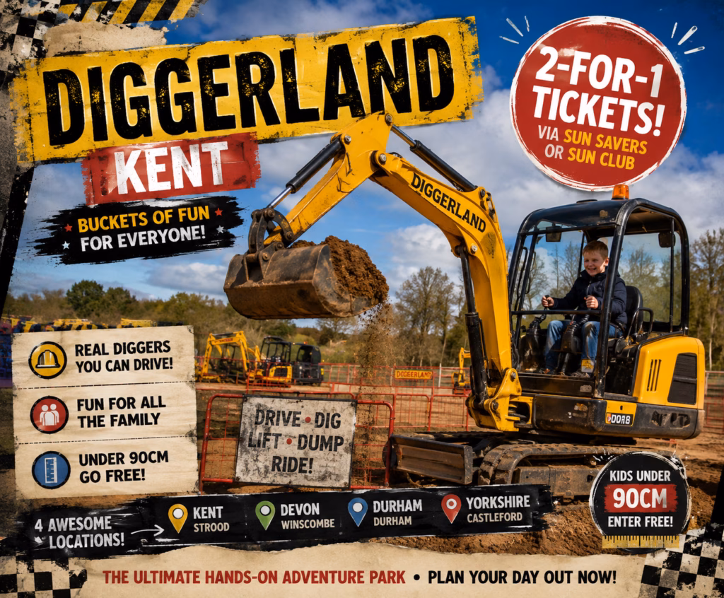 Diggerland Kent 2026 family guide artwork with excavator and 2-for-1 ticket offer