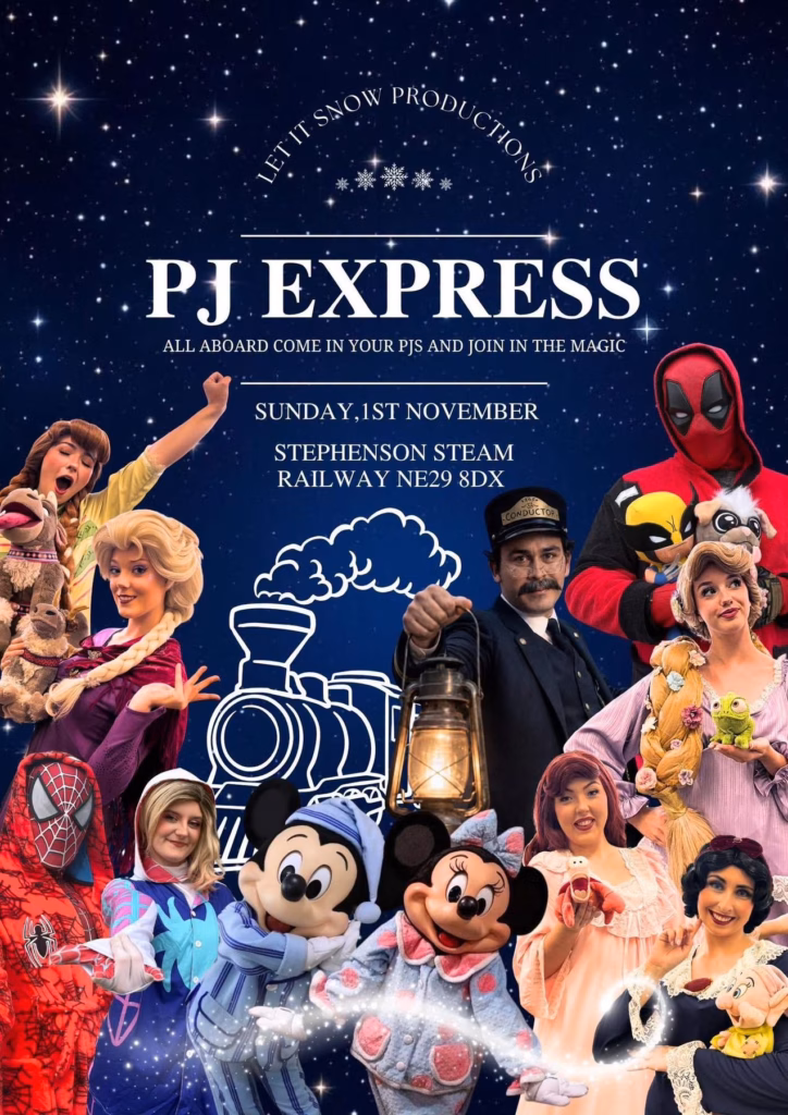 PJ Express 2026 event poster for Stephenson Steam Railway featuring a train and costumed characters