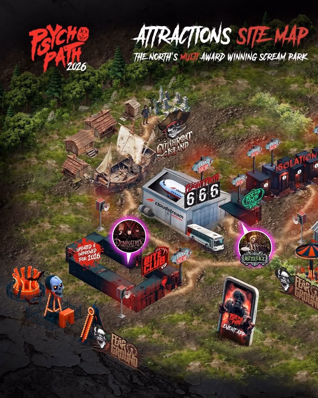 Psycho Path 2026 site map showing new attractions including Flight Path 666, Psycho VR and Bite Club VIP