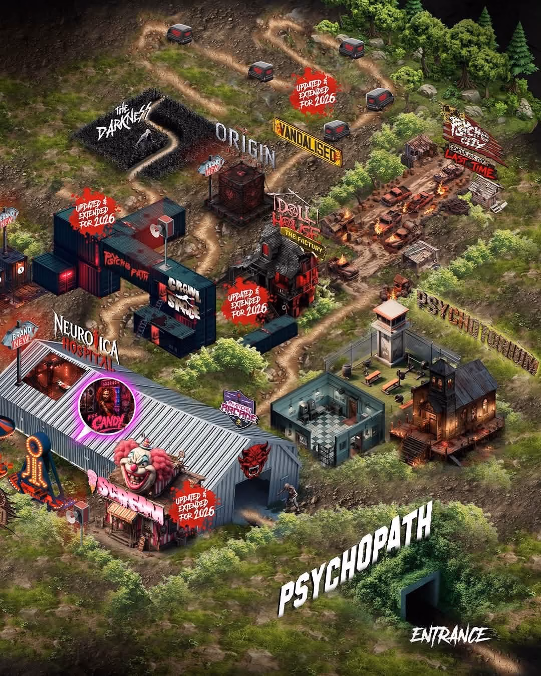 Psycho Path 2026 site map showing returning and updated horror attractions including The Darkness, Dolls House and Psycho City