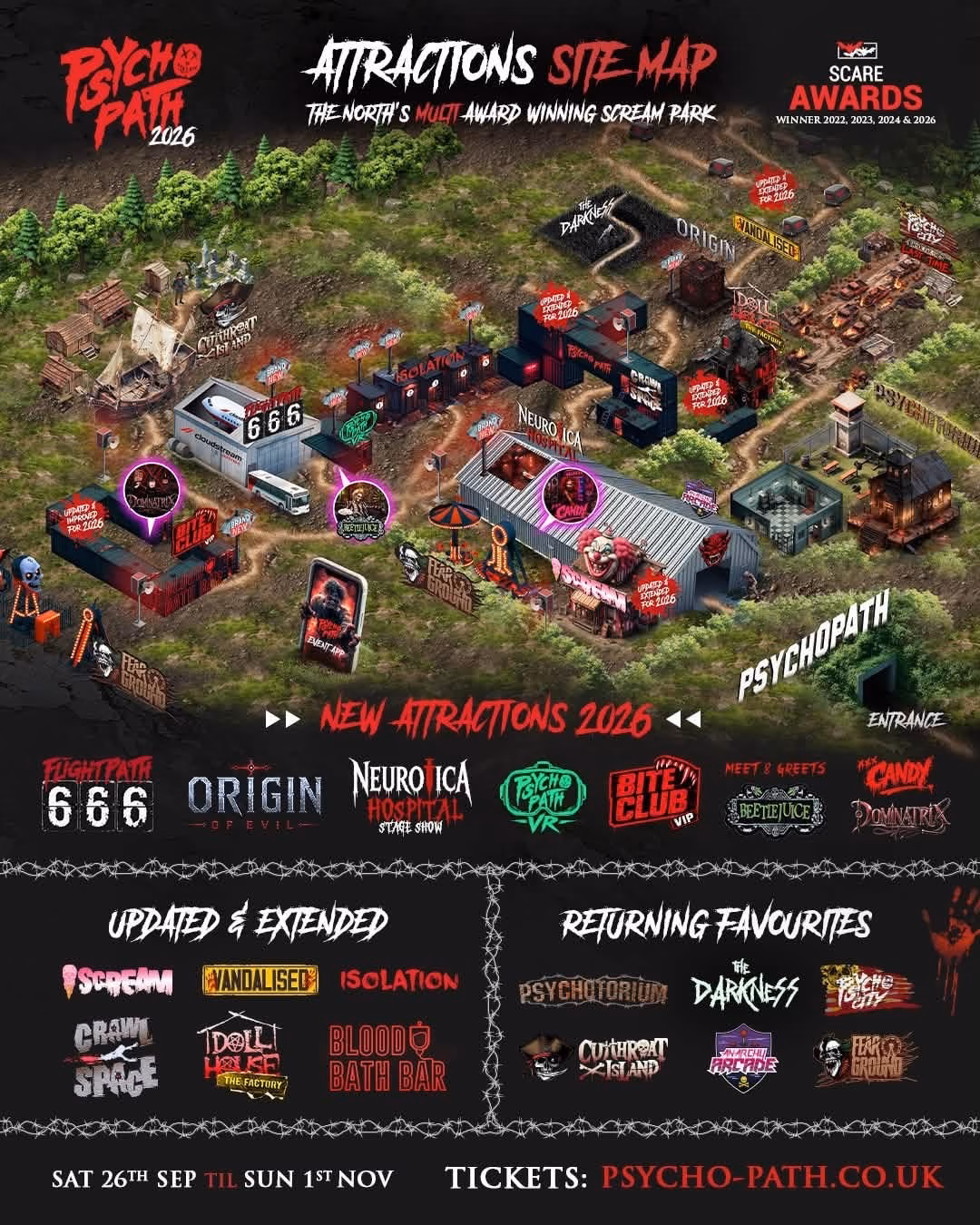 Full Psycho Path 2026 attractions map showing new additions, updated experiences and returning favourites