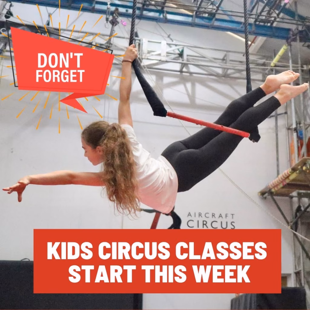 Child practising aerial circus skills at AirCraft Circus Academy with Kids Circus Classes Start This Week text