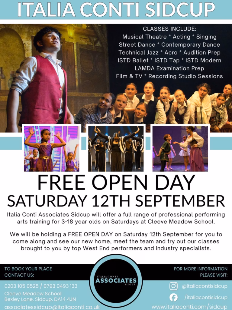 Italia Conti Associates Sidcup free open day on Saturday 12 September 2026 with performing arts production images