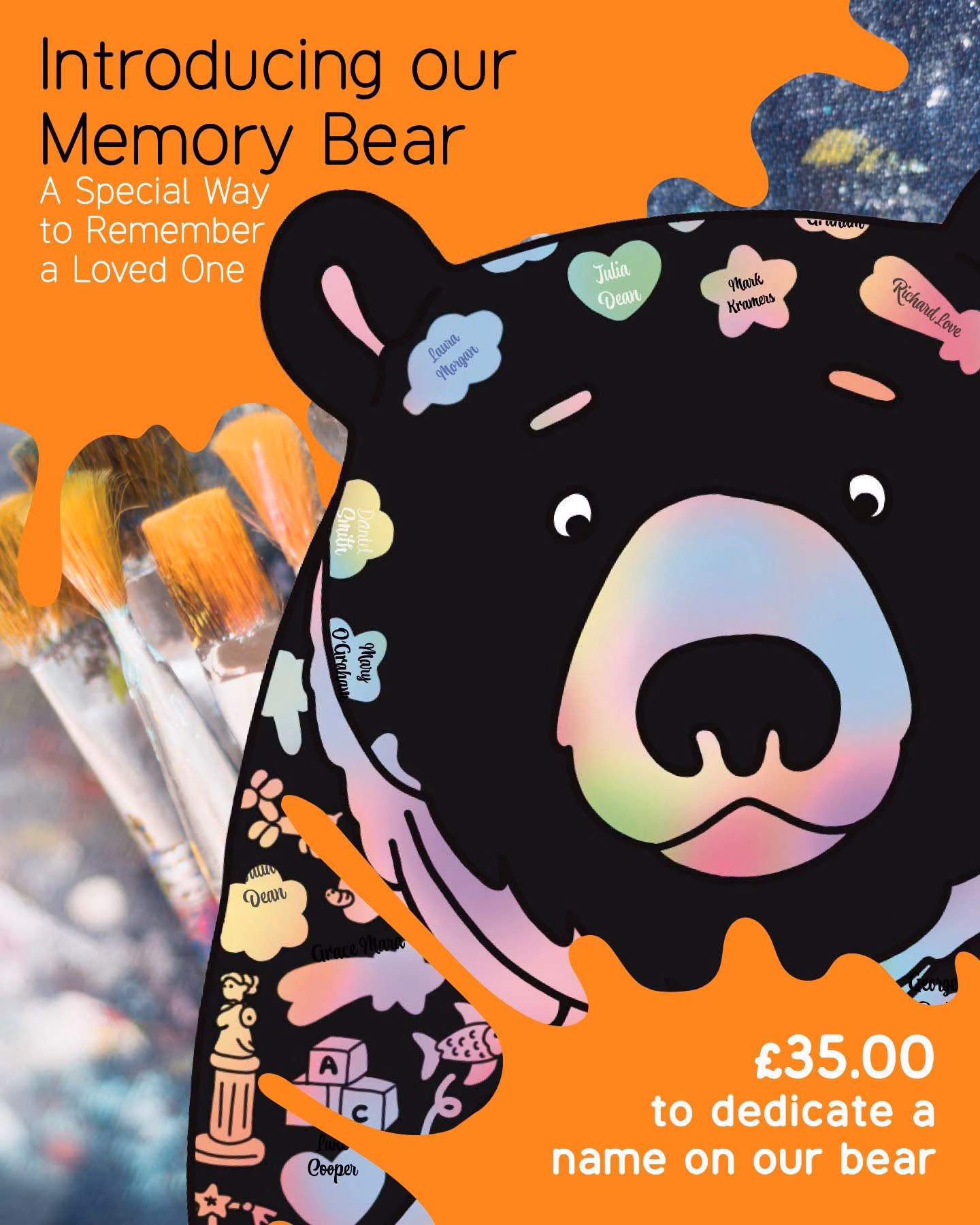 Dartford Bear Hunt Memory Bear artwork inviting £35 name dedications in memory of a loved one for ellenor