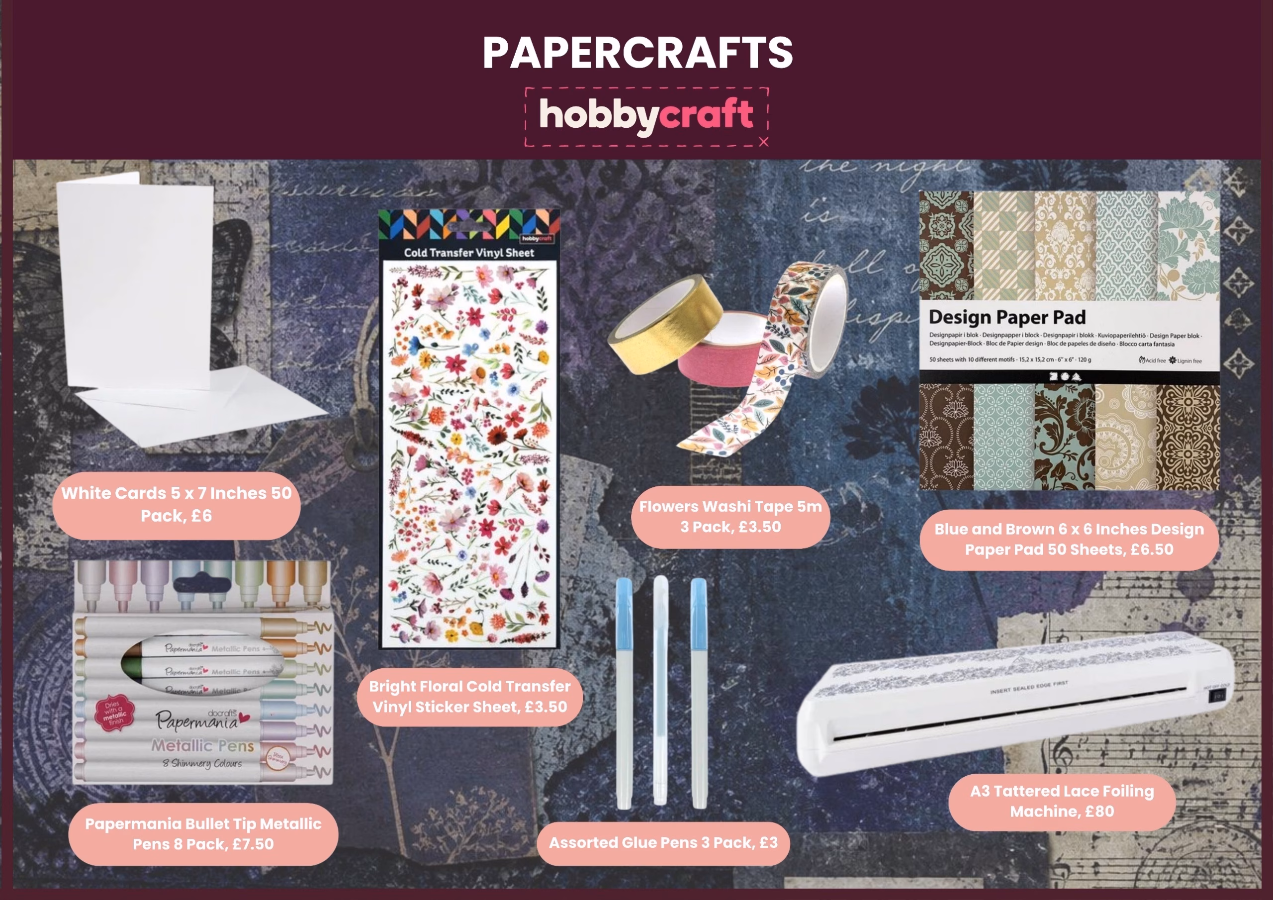 Hobbycraft papercraft selection including cards, floral transfers, washi tape, patterned paper, pens and a foiling machine