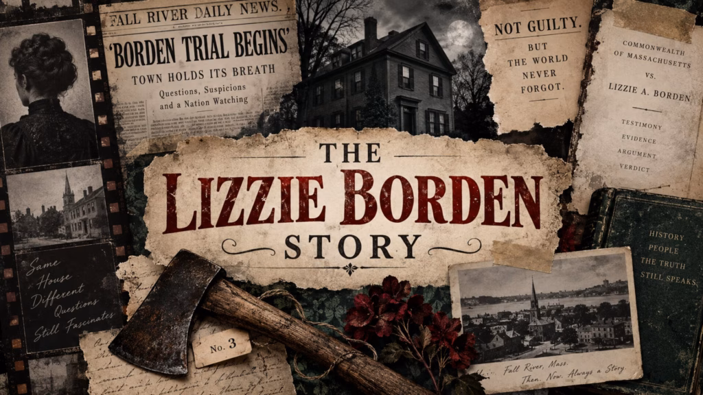 Scrapbook-style Lizzie Borden feature artwork with a Victorian house, newspaper clippings and an antique hatchet