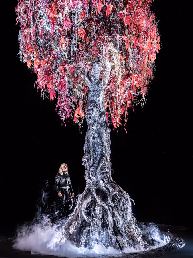 A vivid red tree against a dark theatrical stage
